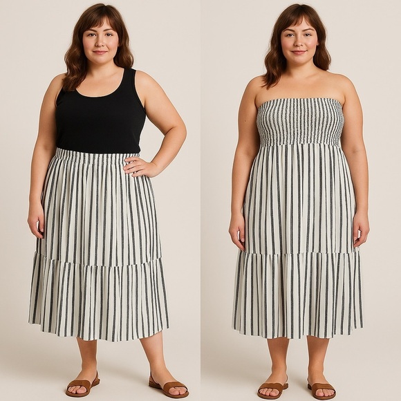 B2546- TS Convertible Smocked Skirt Dress Riviera Stripe Silver 3X (24W–26W) NWT - Picture 1 of 9